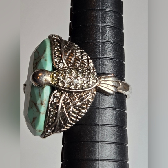 Fossil Chunky Statement Silver Tone Rhinestone Birds Turquoise Color Ring Sz 8 - Picture 10 of 12